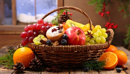 Colorful fruit basket with pastries