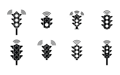 Traffic light icons each transmit wireless signals in various arrangements against a white backdrop