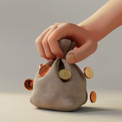Hand holding a bag filled with cryptocurrency coins on a plain background