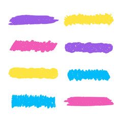Set of colorful hand drawn grunge brush strokes. Artistic paint, chalk, and crayon textures