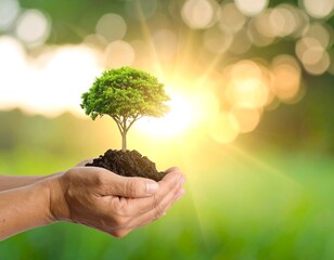 Hands holding a small tree in the sunlit nature