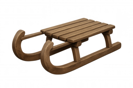 Wooden sled for winter fun, sleigh for snow recreation, vintage toboggan on transparent background