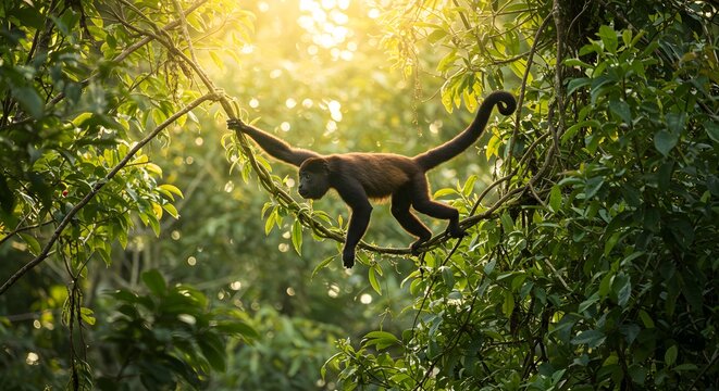 Golden Hour Howler Monkey in Lush Rainforest Canopy: A Vibrant Wildlife Encounter in Tropical Paradise