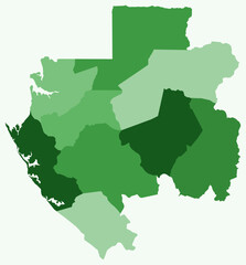 Map of Gabon with regions. Just a simple country border map with region division. Green color palette. Flat Gabon shape with administrative division. Vector illustration.