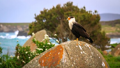 Bird perched on rock by ocean