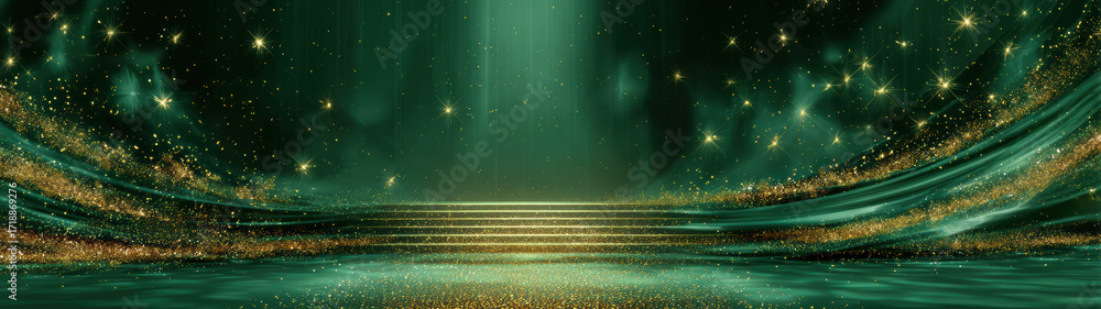 Poster magical green background with dynamic gold flow of light. an elegant wallpaper showing glowing stage