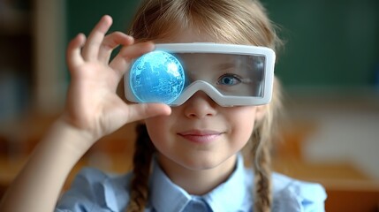 Young Girl with Magnifying Glass and Globe Model in Classroom Setting