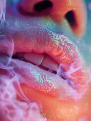 Fototapeta premium Glitching pastel lips surrounded by pixel dust and neon soft smoke create a mesmerizing visual experience highlighting digital beauty and vibrant colors