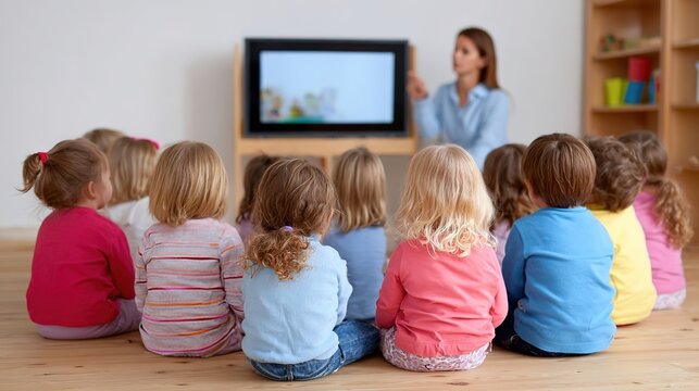 Children Watching Educational Video with Teacher in Classroom Setting - Powered by Adobe