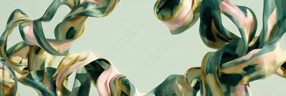 Poster elegant abstract wallpaper showing dynamic flow of green and gold ribbon. graceful swirl forms beaut