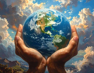 Hands holding Earth, majestic clouds