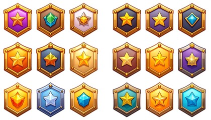 Colorful game shields with stars and gems