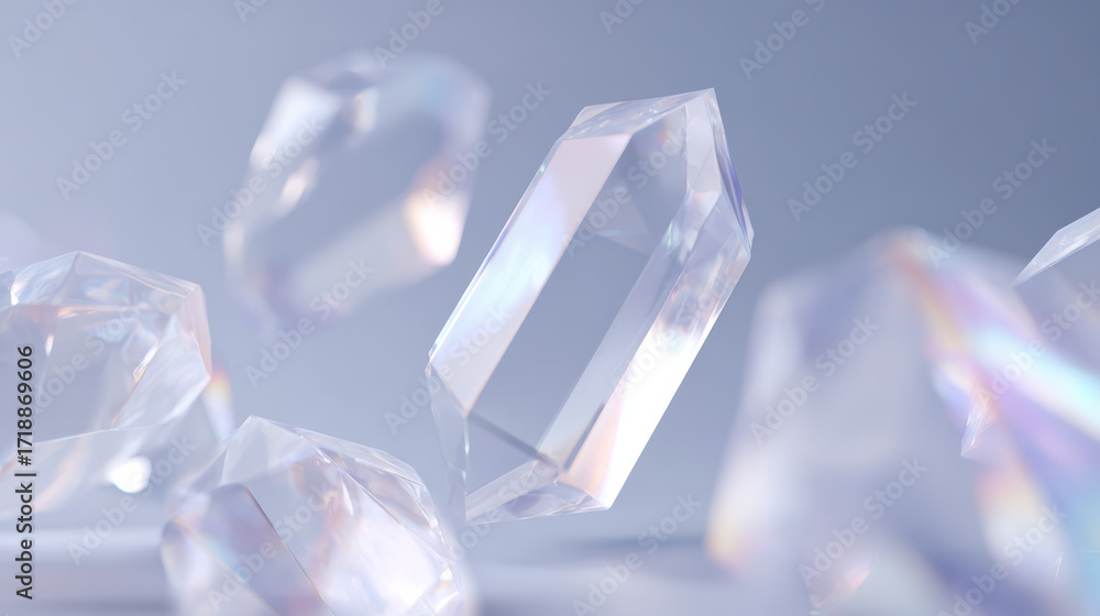 Poster bright light reflects on floating crystal facets, serene and magical abstract background. these tran