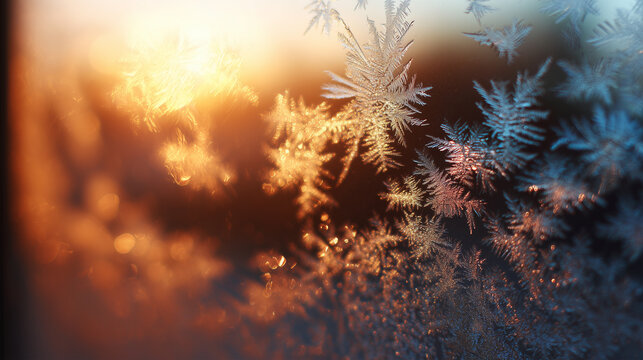 Frosty window patterns glow in the soft sunlight, creating a dreamy atmosphere on a cold winter morning, highlighting intricate ice formations and warm light reflections