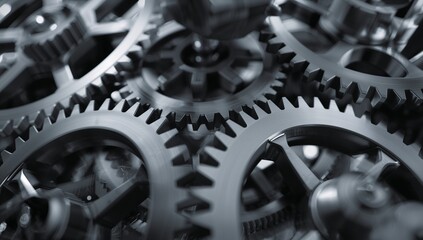 Detailed close up of interlocking metal gears within motion, highlighting precision engineering and industrial machinery under dramatic lighting featuring the metallic monochrome tone