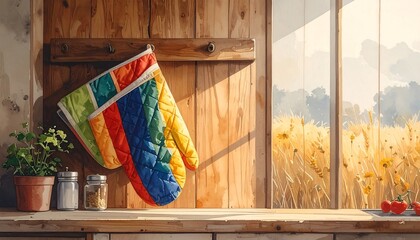 Colorful oven mitt on wooden shelf by a window