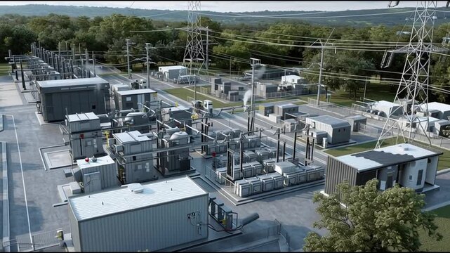 Small Modular Reactor. SMR. Nuclear Grid. Nuclear energy, SMR design, Microgrid systems, Energy infrastructure. A power generation facility with various equipment and structures.