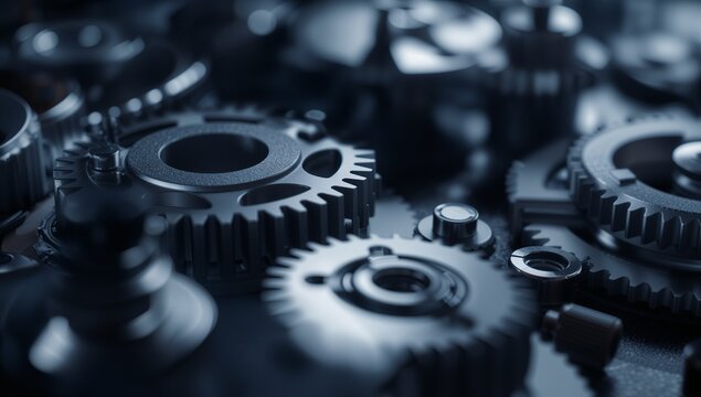 Detailed closeup of interlocking metallic gears inside the dark workshop setting, illuminated featuring cool industrial lighting, highlighting precision engineering and mechanical texture
