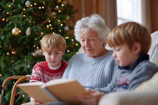 Loving grandmother reading book to grandchild and boy by christmas tree. beautiful family moment of holiday togetherness showing happy, peaceful tradition