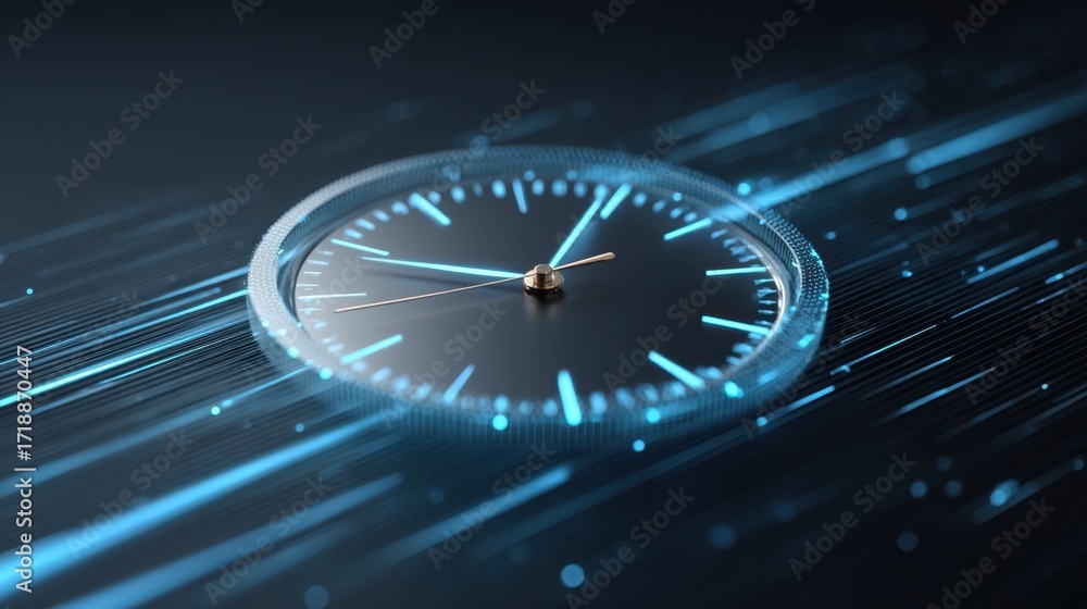 Poster futuristic clock with blurred light trails representing time, speed, and technology in a dark high-t