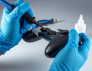 Hands in blue gloves meticulously soldering a video game controller