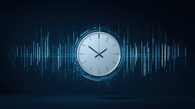 Modern Clock Illustration with Sound Waves and Digital Effects on a Dark Background Symbolizing Time, Technology, and Innovation in a Futuristic Style