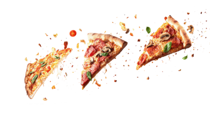 Flying slices of different pizzas isolated on a white background