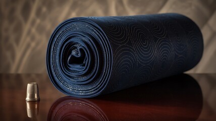 Rolled Blue Fabric with Swirl Pattern and Thimble