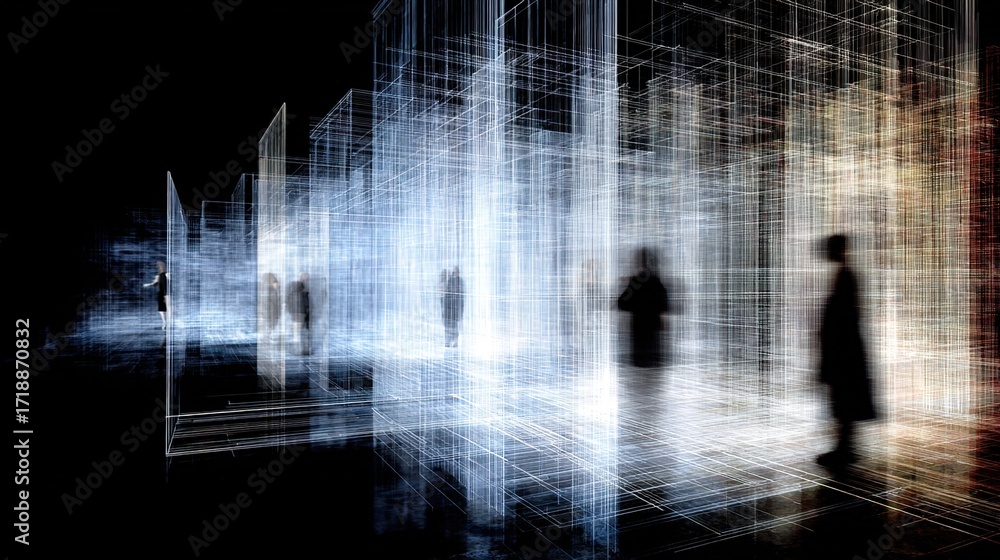 Poster ethereal figures in abstract digital space with light and shadows