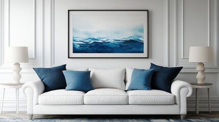 A serene living room scene showcases a framed piece of abstract artwork depicting tranquil water