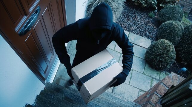 CCTV footage capturing a thief in action while stealing a parcel from a residence.