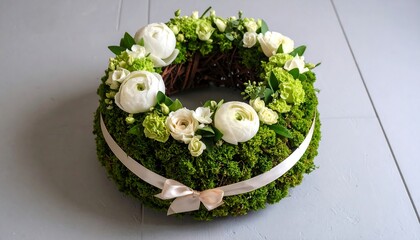 Elegant floral wreath, white blooms, green moss base, beige ribbon