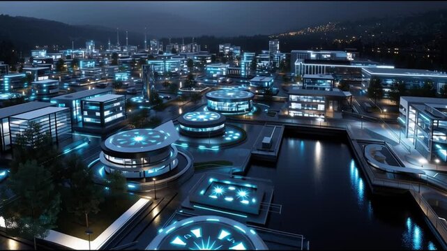 Small Modular Reactor. SMR. Nuclear Grid. Nuclear energy, SMR design, Microgrid systems, Energy infrastructure. A futuristic cityscape illuminated by blue lights at night.