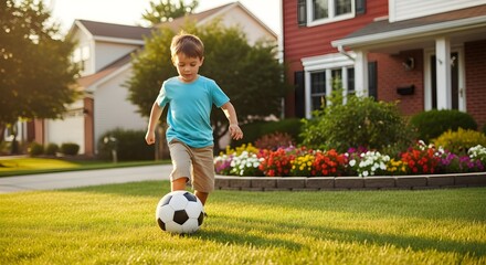 Boy Kicks Soccer Ball on Sunny Lawn of Suburban Home - Child Playing Outdoors in Summer