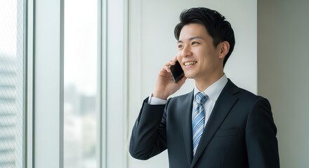 窓際で電話をする笑顔のビジネスマン