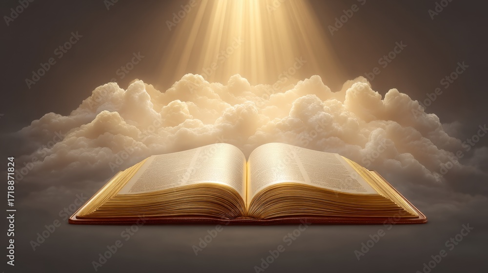 Poster open book surrounded by clouds with light rays illuminating the pages in a mystical atmosphere