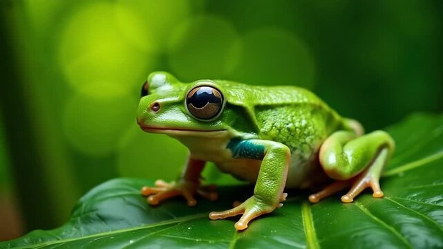 Watch a whimsical green tree frog perched on a lush leaf, peering curiously with its big eyes in a vibrant tropical rainforest setting