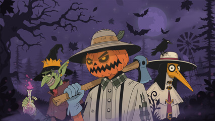 Haunted Forest Scene with Characters Halloween  Poster