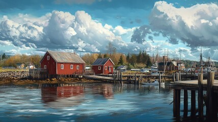 Pickering Wharf Seaside Scene: Red-roofed Cottages under Blue Sky for Travel Promotion and Web Design