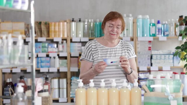 Mature woman in summer clothes buys medicinal ointment at a pharmacy. High quality 4k footage