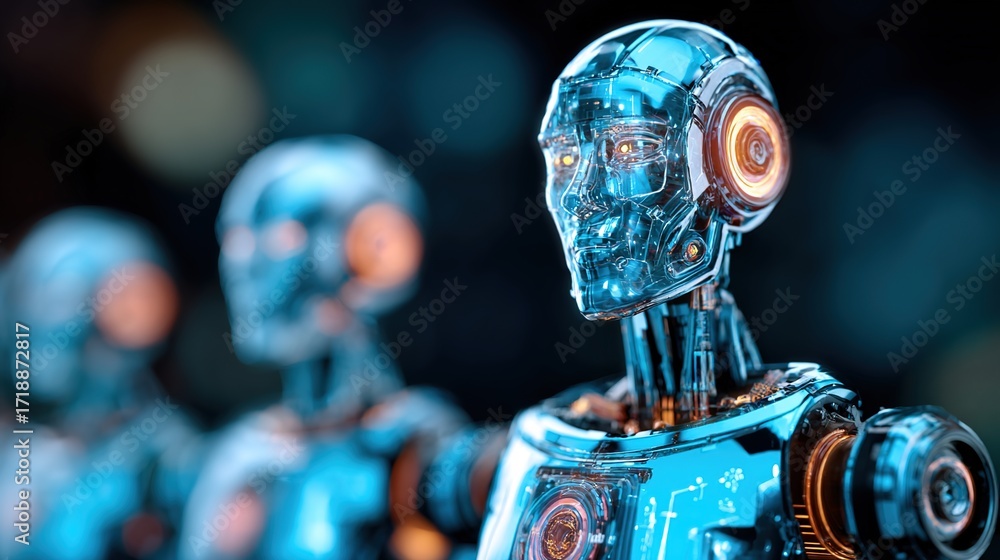 Poster futuristic robots in a high-tech environment displaying advanced design