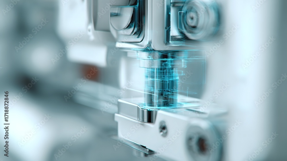 Poster futuristic machine component with digital overlay and technology focus