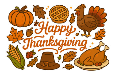 Happy Thanksgiving lettering with cartoon icon set. Vector collection of holiday symbols: turkey, pumpkin, pie, corn, and pilgrim hat. Autumn harvest festival illustration.