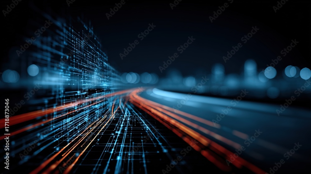 Poster abstract digital motion blur with light trails and matrix effect