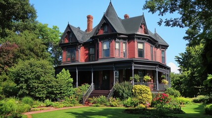 Salem Ropes Mansion and Garden: Victorian-style Red-brown Architecture with Lush Greenery for Real Estate Promotion and Vintage Theme Design