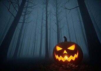 Photo of a spooky jackolantern glows eerily in a dark, misty forest, casting an unsettling light on the towering trees, embodying the spirit of halloween night