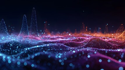 Abstract glowing digital data streams flowing through a vibrant spectrum of blue purple and orange lights creating a futuristic technological network backdrop