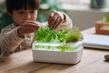 Mother and Daughter Caring for Desktop Hydroponic Plants in Minimal White Home Environment