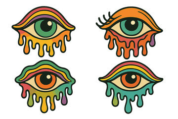 Surreal trippy melting eyes set, psychedelic dripping eye collection, vibrant 70s retro hand-drawn vector illustrations, colorful contour cartoon designs for vintage style art