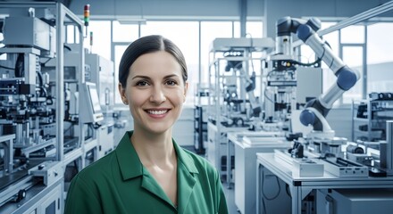 Confident Engineer Standing in a Modern Factory with Robotic Arms and Advanced Technology
